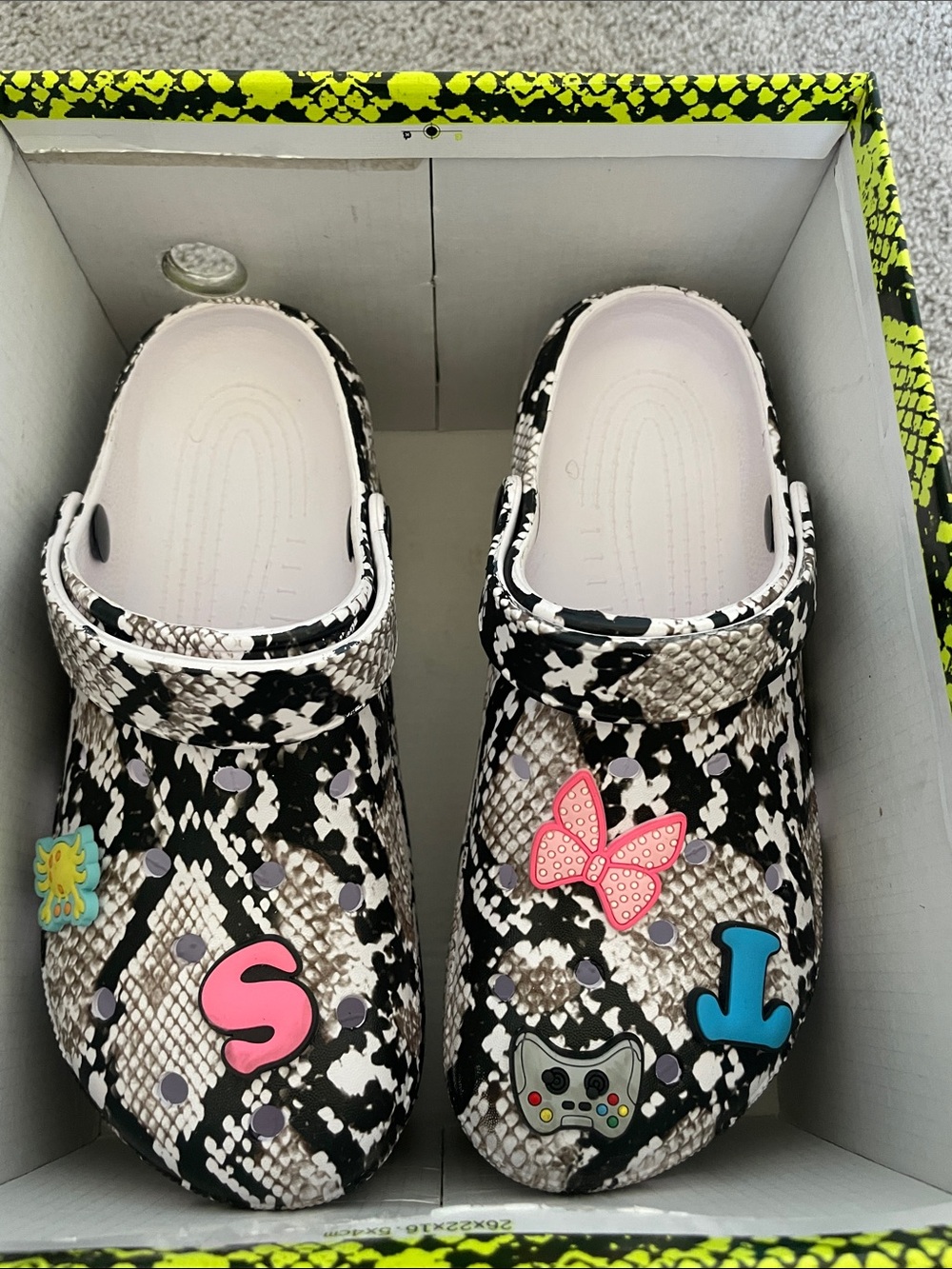 Slip-On Clogs in Black & White Snake Print with removable Fun Charms